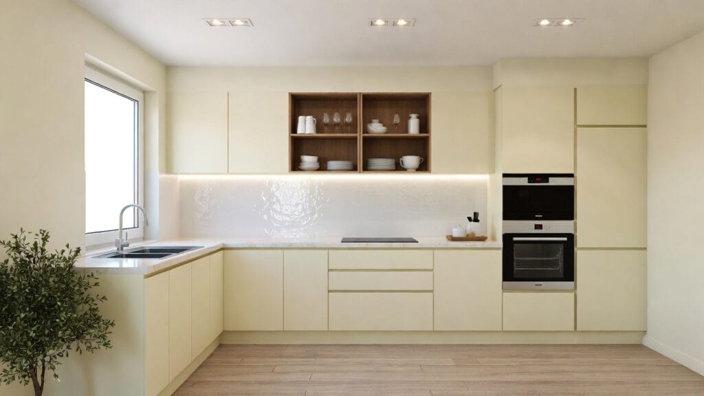 L shape modular kitchen design with corner storage and open layout