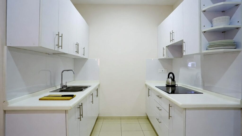 Parallel modular kitchen layout with optimized storage and workflow