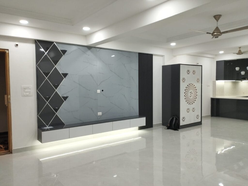 Completed empty room interior with white walls and polished floor by SB Interior Solutions Hyderabad